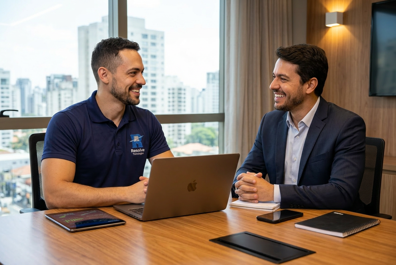 Cliente satisfeito conversando com técnico da Resolve Tecnologias sobre estabilidade da rede corporativa