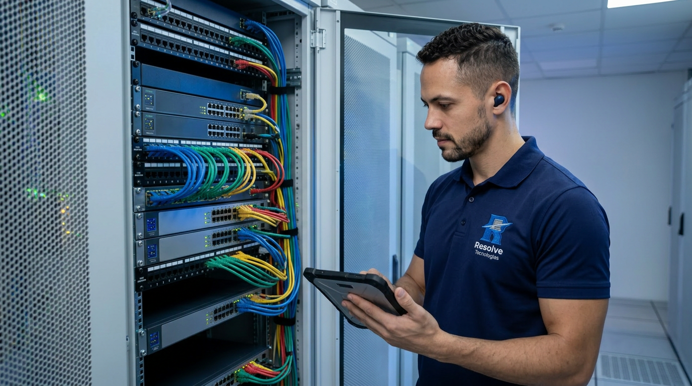 Técnico da Resolve Tecnologias verificando infraestrutura de TI empresarial no Rio de Janeiro