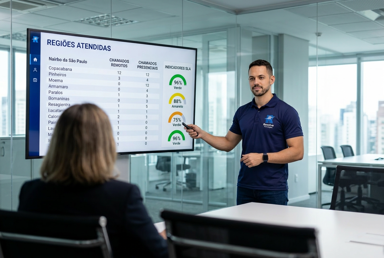 Técnico da Resolve Tecnologias apresentando suporte de TI por regiões no Rio de Janeiro