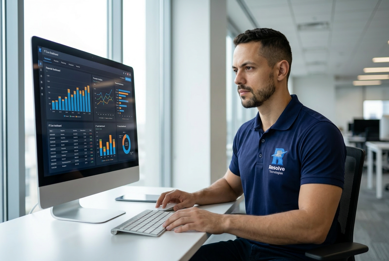 Técnico da Resolve Tecnologias analisando custos e dashboards de TI em escritório corporativo no Rio de Janeiro