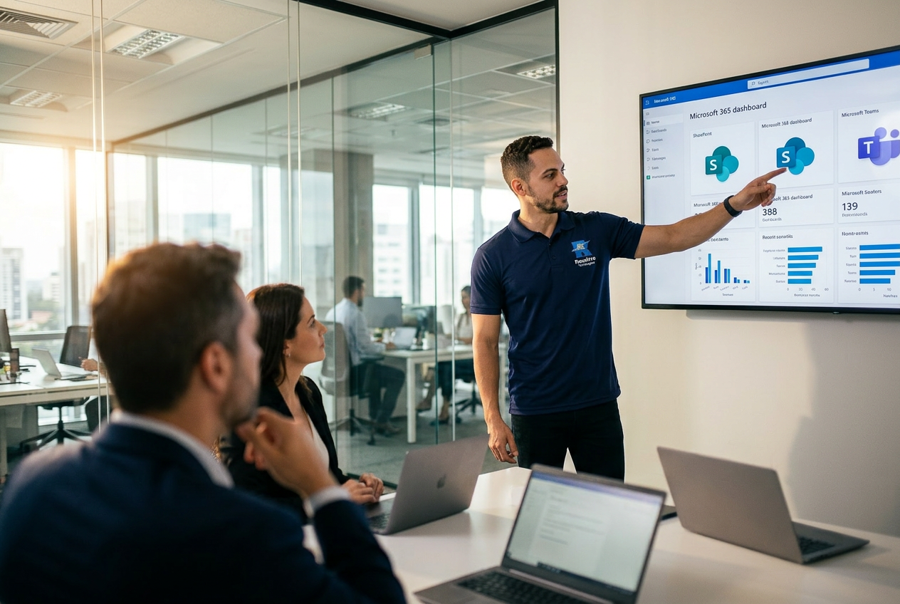 Técnico da Resolve Tecnologias em reunião de consultoria de TI com executivos apresentando Microsoft 365