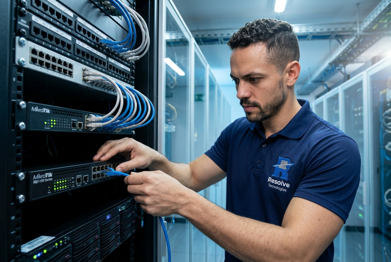 Técnico da Resolve Tecnologias configurando switch Mikrotik em rack corporativo no Rio de Janeiro