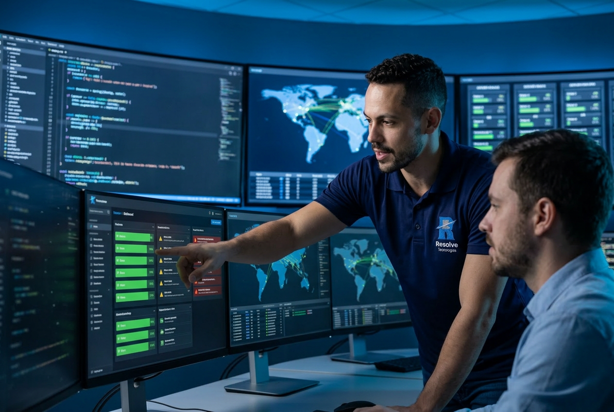 Técnico da Resolve Tecnologias em sala NOC de monitoramento 24x7 no Rio de Janeiro