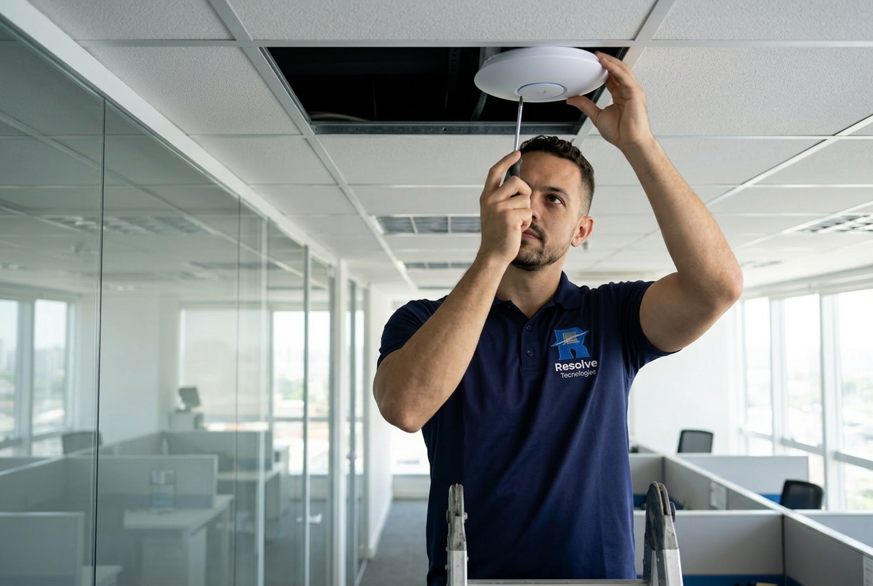 Técnico da Resolve Tecnologias instalando access point Ubiquiti UniFi em escritório